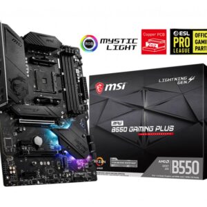 Mainboard | MSI | AMD B550 | SAM4 | ATX | 2xPCI-Express 3.0 1x | 1xPCI-Express 3.0 4x | 2xM.2 | 1xPCI-Express 4.0 1x | Memory DDR4 | Memory slots 4 | 1xHDMI | 1xDisplayPort | 2xAudio-In | 3xAudio-Out | 4xUSB 2.0 | 1xUSB type C | 3xUSB 3.2 | 1xPS/2 | 1xOptical S/PDIF | 1xRJ45 | MPGB550GAMINGPLUS