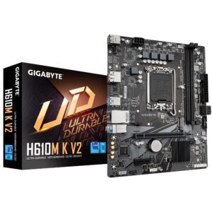 Mainboard | GIGABYTE | Intel H610 | LGA1700 | Micro-ATX | Memory DDR5 | Memory slots 2 | 1xPCI-Express 3.0 1x | 1xPCI-Express 4.0 16x | 1xM.2 | 1xHDMI | 1xDisplayPort | 4xUSB 2.0 | 2xUSB 3.2 | 1xPS/2 | 1xRJ45 | 3xAudio port | H610MKV2