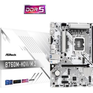 Mainboard | ASROCK | Intel B760 Express | LGA1700 | Micro-ATX | Memory DDR5 | Memory slots 2 | 2xPCI-Express 3.0 1x | 1xPCI-Express 4.0 16x | 1xM.2 | 1x15pin D-sub | 1xHDMI | 1xDisplayPort | 1xAV-In | 1xAV-out | 1xMicrophone | 2xUSB 2.0 | 3xUSB 3.2 | 1xUSB-C | 1xRJ45 | B760M-HDV/M.2